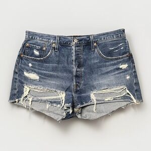 Levis 501 Cut Off Shorts Womens 33 Blue Thrashed Denim Jeans‎ Whiskered 36x2